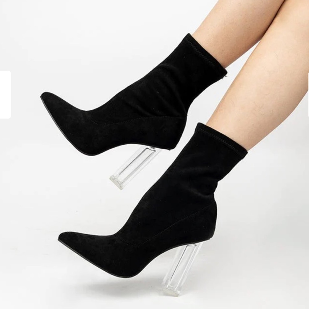 Pointed Toe Clear Heel Slip On Stretch Boots